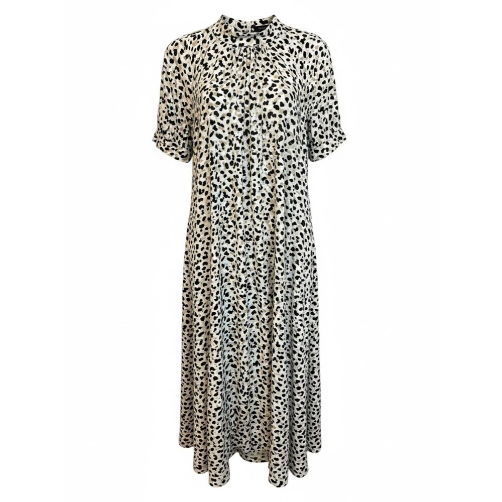 Ann Taylor Leopard Print Midi Dress 8 Mock Neck Ruffle Sleeve Lined Animal Print